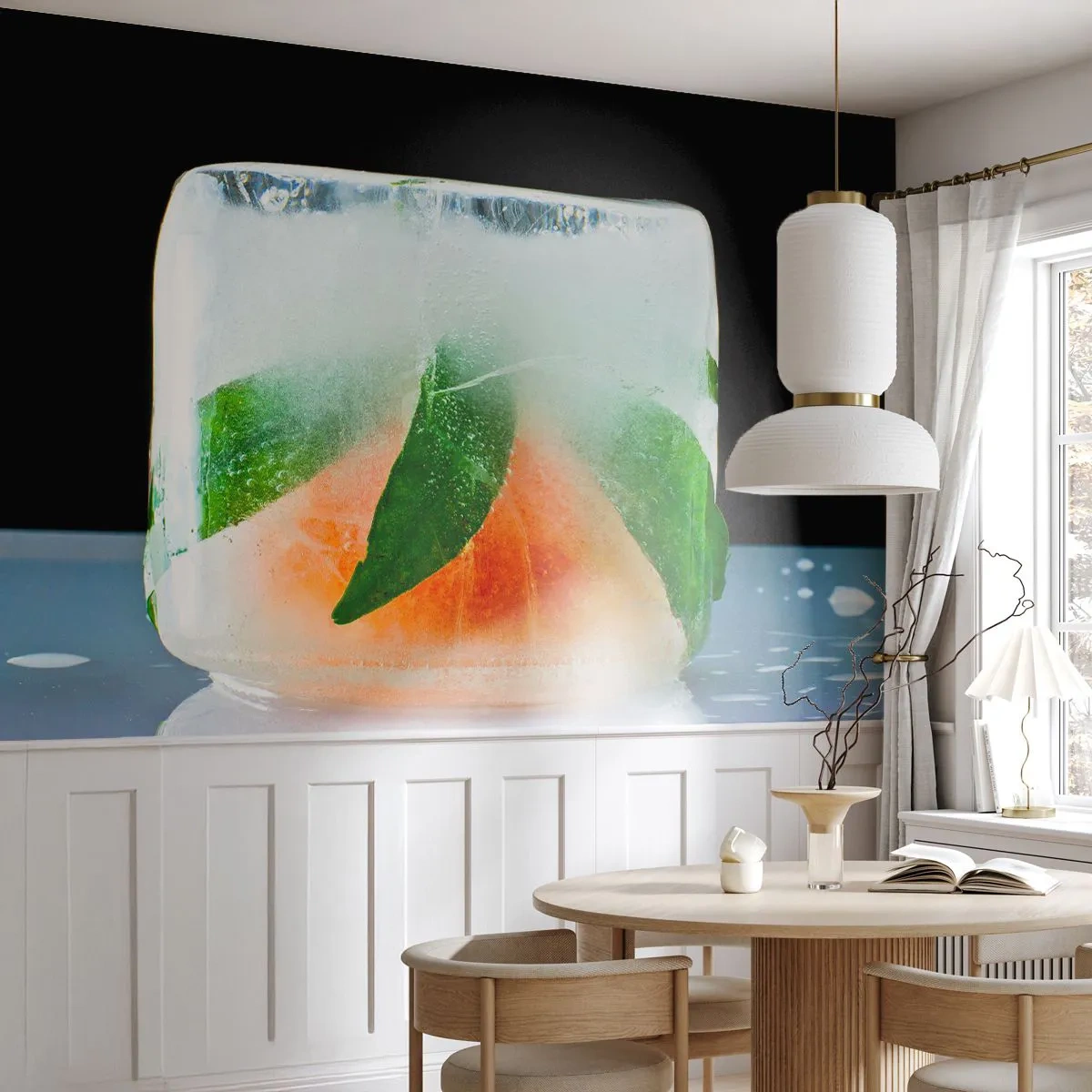 Papier Peint Photo Premium Sand - Orange congelée avec des feuilles dans de la glace transparente - 100x70cm - Fraîcheur et rafraîchissement - Décoration murale moderne pour le salon et la chambre ARTTOR