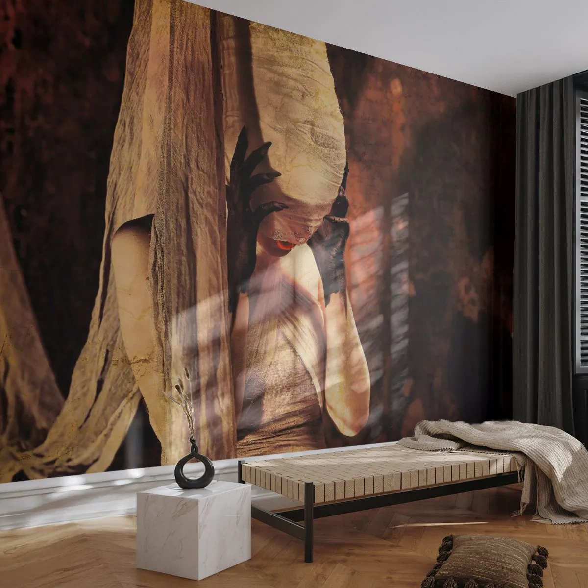 Papier Peint Photo Premium Sand - Une silhouette mystérieuse enveloppée dans un tissu dans un environnement sombre - 100x70cm - Entre le bon et le mauvais - Décoration murale moderne pour le salon et la chambre ARTTOR