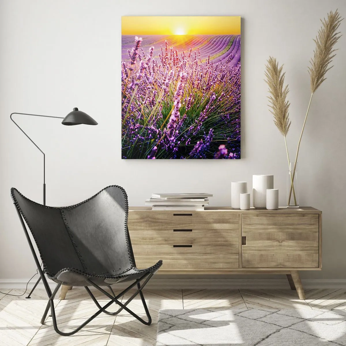 Impression sur verre - Image sur verre - Champ de lavande au coucher du soleil - 70x100cm - Tige parfumée - Décoration murale moderne pour le salon et la chambre ARTTOR