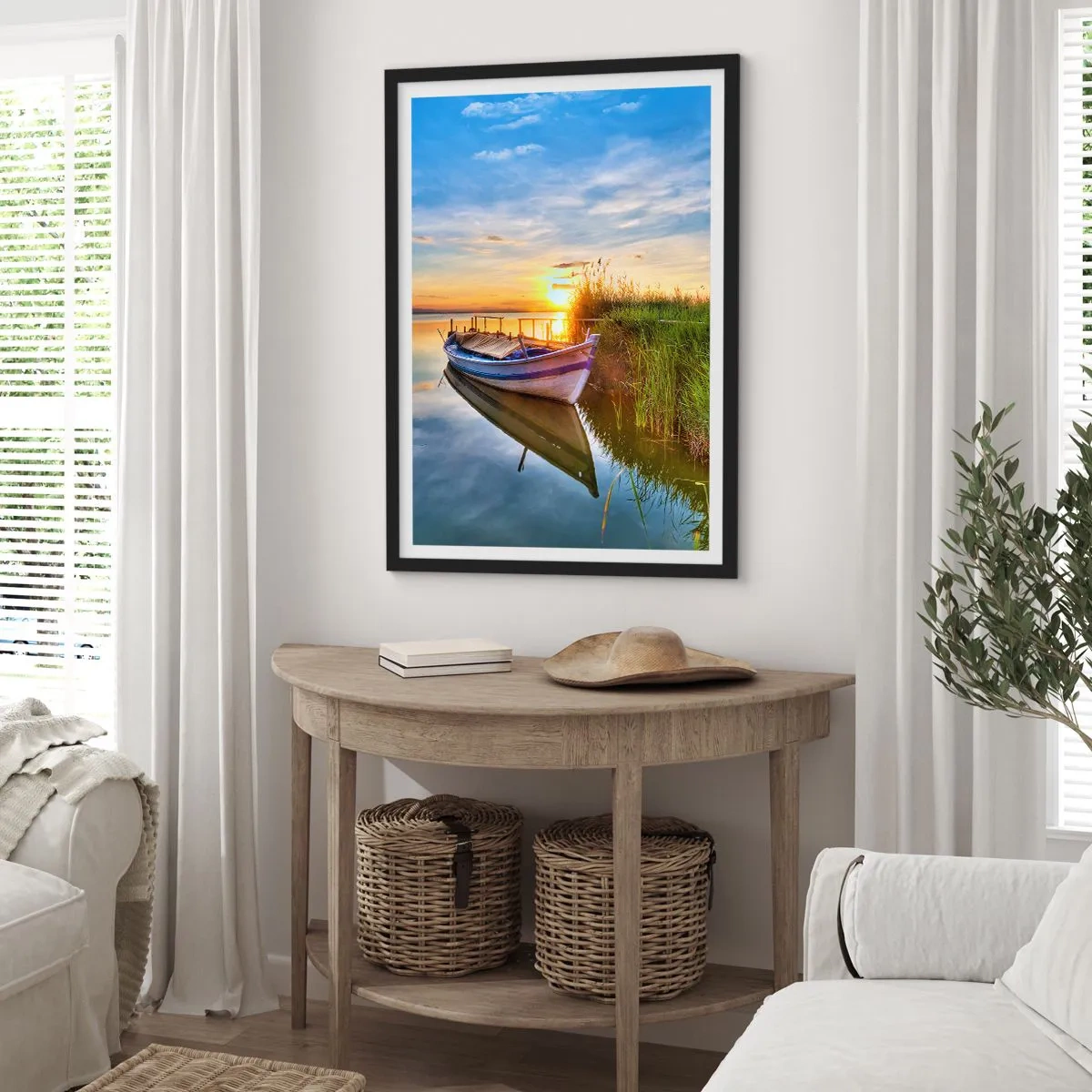 Affiche dans un cadre noir - Poster - Un bateau sur un lac calme au coucher du soleil - 50x70cm - La crique où les rêves deviennent réalité - Décoration murale moderne pour le salon et la chambre ARTTOR