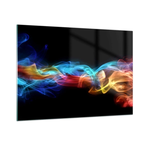 Impression sur verre - Image sur verre - Des traînées de fumée colorées sur un fond noir créant un motif abstrait - 100x70cm - Danse arc-en-ciel du brouillard - Décoration murale moderne pour le salon et la chambre ARTTOR