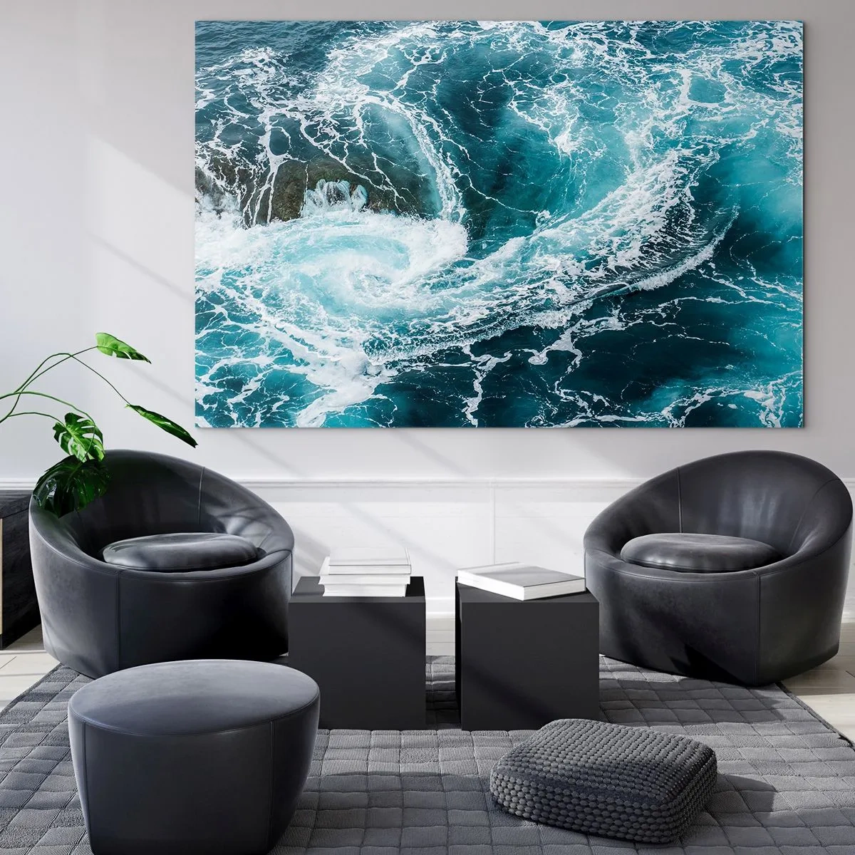 Impression sur verre - Image sur verre - Un tourbillon océanique entouré de vagues blanches dans une eau bleue - 70x50cm - La porte vers le centre de la Terre - Décoration murale moderne pour le salon et la chambre ARTTOR