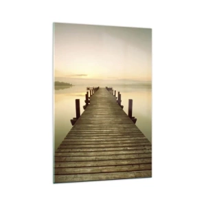 Impression sur verre - Image sur verre - Une jetée en bois sur un lac calme le matin - 70x100cm - L'aube, les premières lueurs, le jour  - Décoration murale moderne pour le salon et la chambre ARTTOR