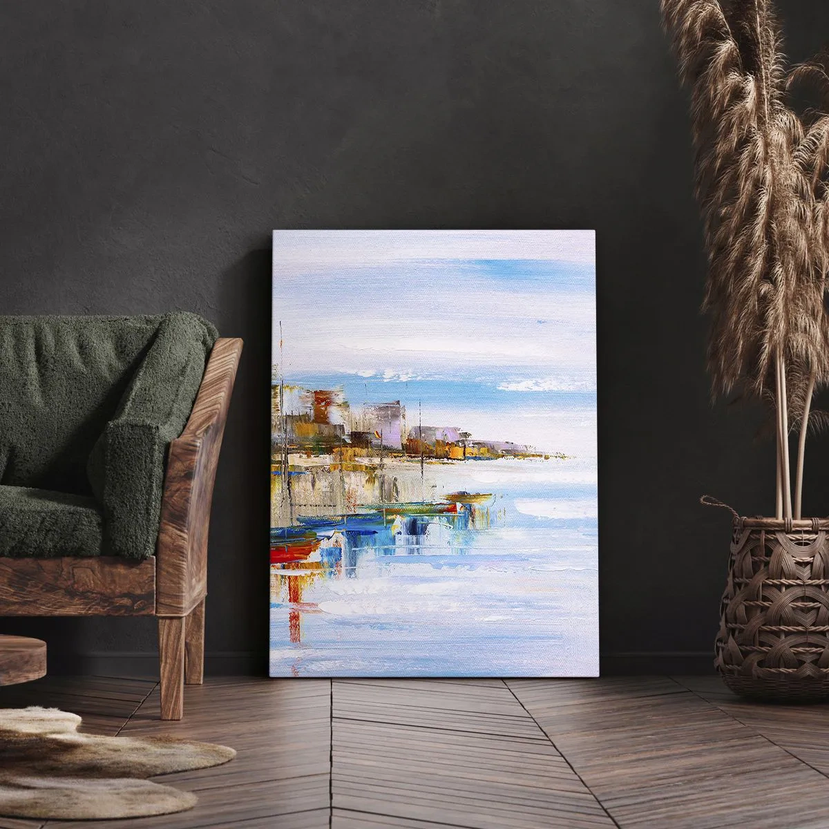 Impression sur toile - Image sur toile - Bateaux colorés sur le rivage surplombant les toits de la ville - 70x100cm - Un havre urbain multicolore - Décoration murale moderne pour le salon et la chambre ARTTOR
