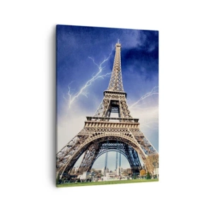Impression sur toile - Image sur toile - La Tour Eiffel avec un ciel orageux et des éclairs en arrière-plan - 50x70cm - Maître des tempêtes - Décoration murale moderne pour le salon et la chambre ARTTOR