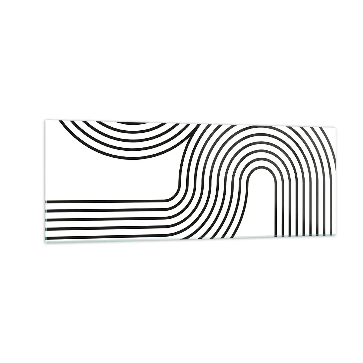 Impression sur verre - Image sur verre - Une peinture abstraite avec des lignes noires créant des motifs géométriques sur un fond blanc. - 140x50cm - En plein virage - Décoration murale moderne pour le salon et la chambre ARTTOR