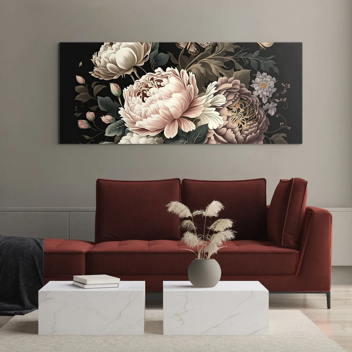 Impression sur verre - Image sur verre - Un bouquet de fleurs roses et de papillons sur fond noir - 140x50cm - De style baroque - Décoration murale moderne pour le salon et la chambre ARTTOR