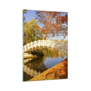 Impression sur verre - Image sur verre - Un pont en bois sur une rivière entourée de couleurs d'automne - 50x70cm - Sur le pont blanc des soupirs - Décoration murale moderne pour le salon et la chambre ARTTOR