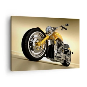 Impression sur toile - Image sur toile - Une moto jaune de style chopper contre un mur beige - 70x50cm - Un rêve de force et de vitesse - Décoration murale moderne pour le salon et la chambre ARTTOR