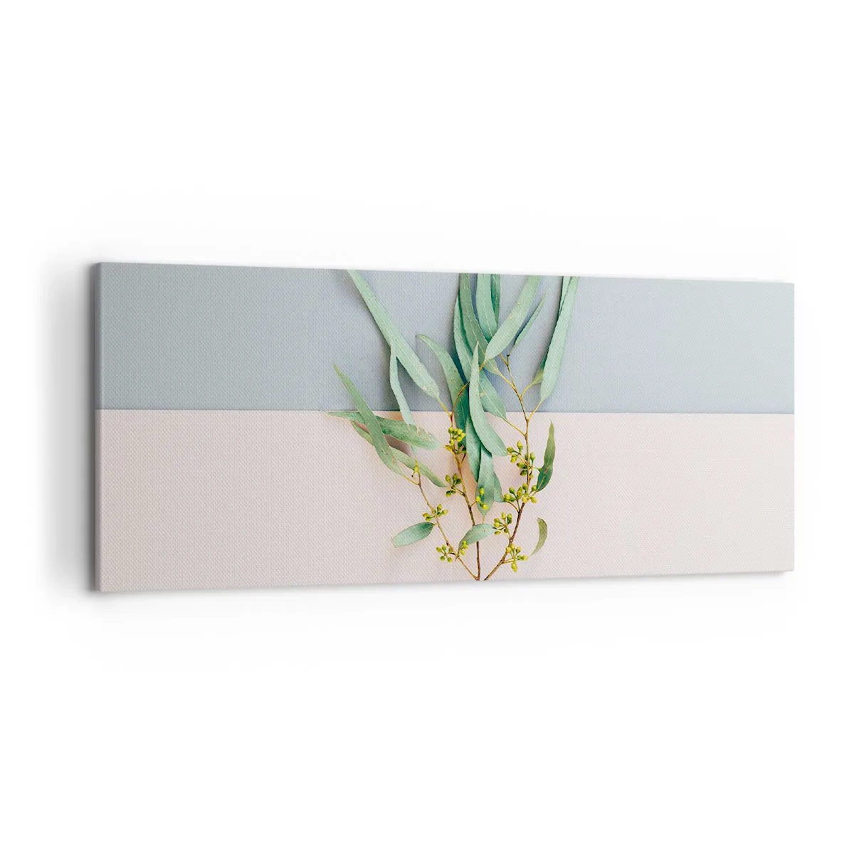 Impression sur toile - Image sur toile - Une branche avec des feuilles sur un fond de tons pastel - 120x50cm - Subtilité pastel - Décoration murale moderne pour le salon et la chambre ARTTOR