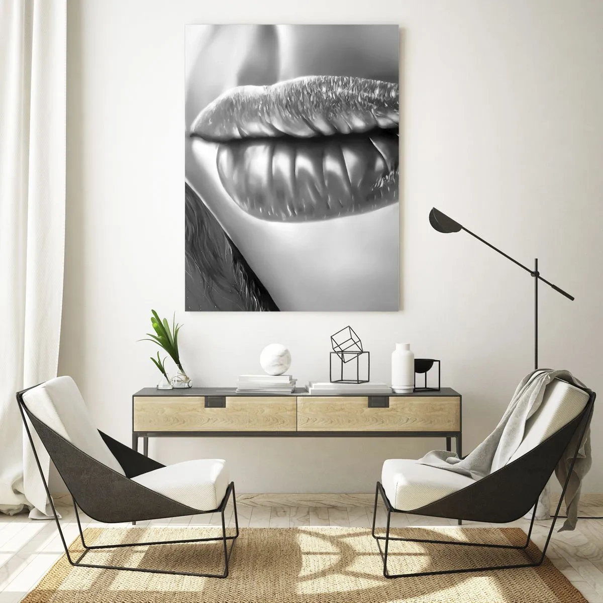 Impression sur verre - Image sur verre - Gros plan noir et blanc des lèvres d'une femme avec un effet brillant et des détails. - 80x120cm - Je sais à quoi tu penses… - Décoration murale moderne pour le salon et la chambre ARTTOR