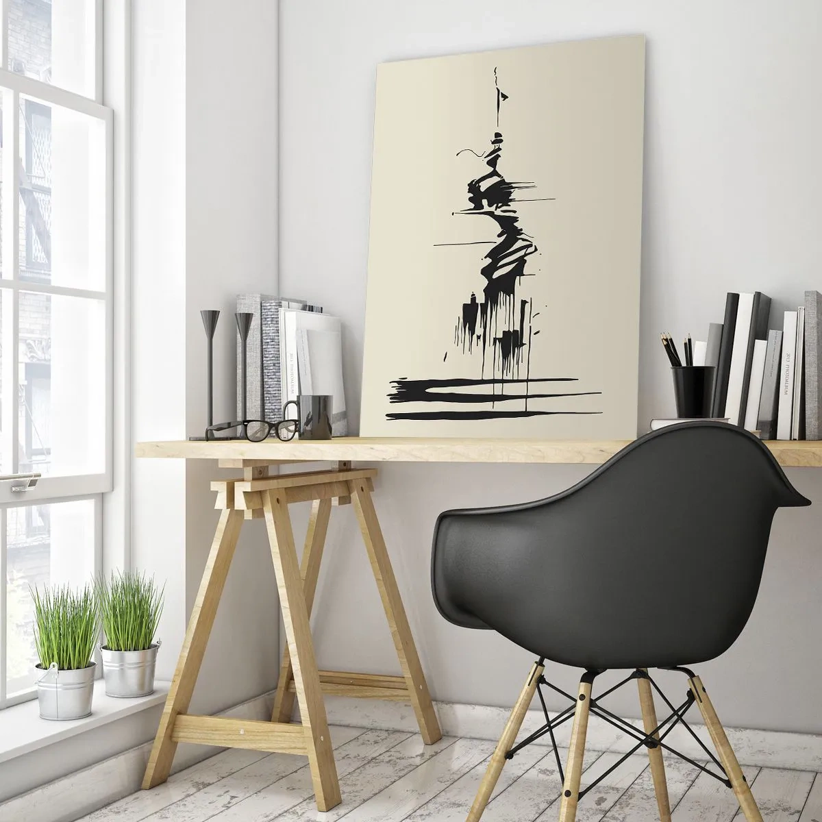 Impression sur verre - Image sur verre - Lignes et taches dynamiques noires sur fond clair dans un style abstrait. - 50x70cm - Abstraction hâtive - Décoration murale moderne pour le salon et la chambre ARTTOR