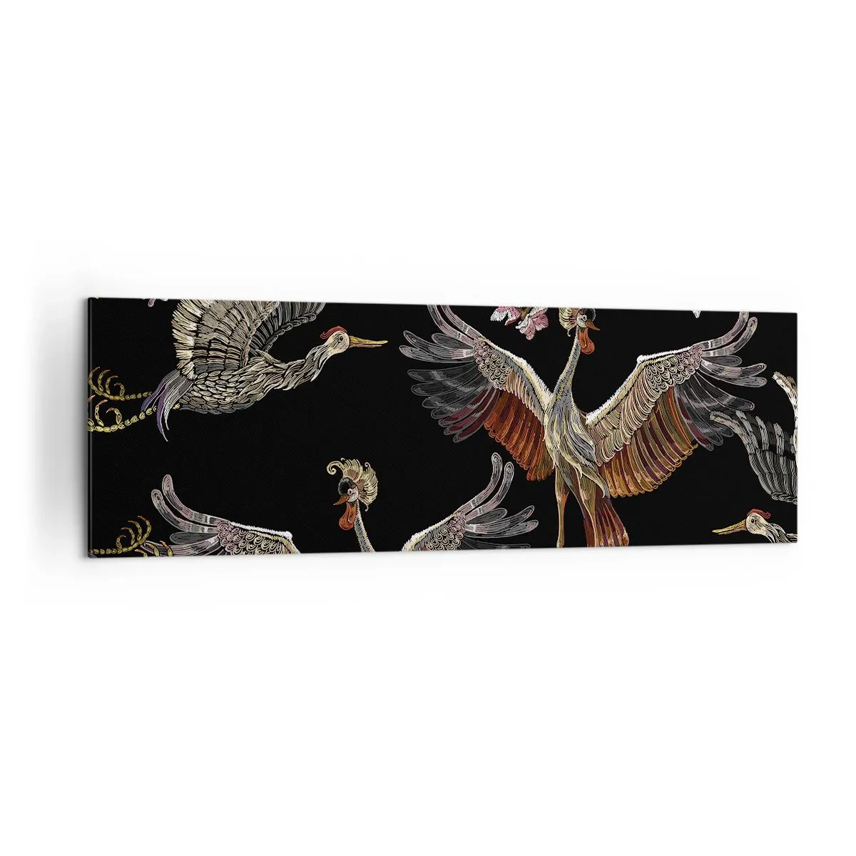 Impression sur toile - Image sur toile - Grues et fleurs élégantes sur fond noir - 160x50cm - Un oiseau de conte de fées - Décoration murale moderne pour le salon et la chambre ARTTOR