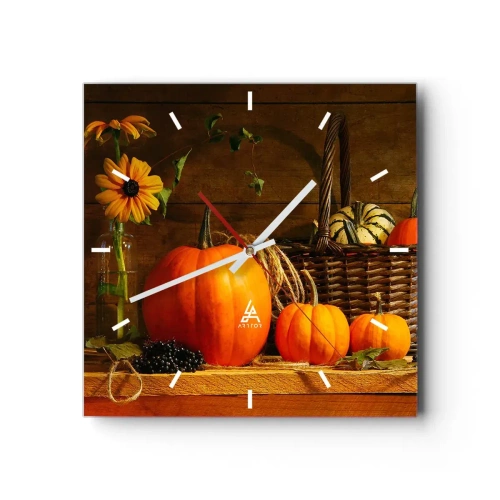 Horloge murale - Pendule murale - Composition d'automne avec citrouilles et fleurs sur fond de bois - 30x30cm - Une composition rustique - cadeaux d'automne - Décoration murale moderne pour le salon et la chambre ARTTOR