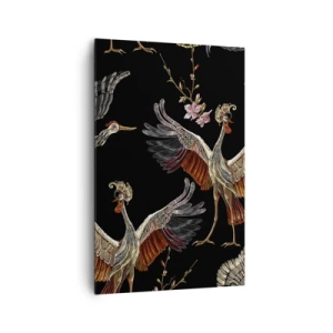 Impression sur toile - Image sur toile - Grues et fleurs élégantes sur fond noir - 80x120cm - Un oiseau de conte de fées - Décoration murale moderne pour le salon et la chambre ARTTOR