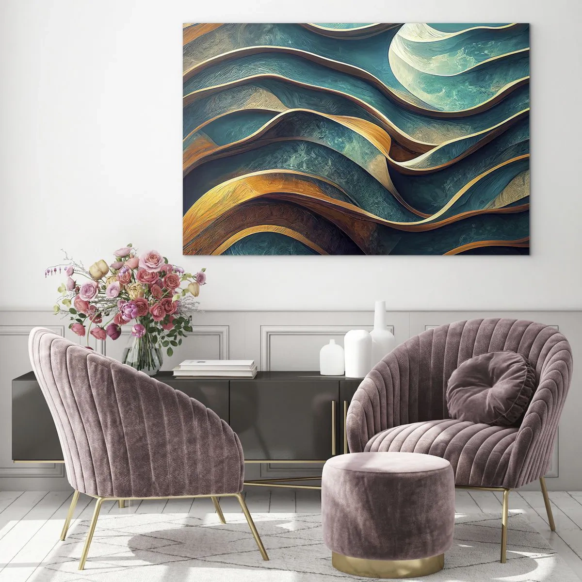 Impression sur verre - Image sur verre - Lignes dynamiques en bleu et cuivre créant des vagues - 100x70cm - Méandres de bleu - Décoration murale moderne pour le salon et la chambre ARTTOR