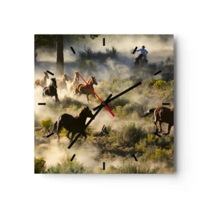 Horloge murale - Pendule murale - Un troupeau de chevaux sauvages galopant à travers la poussière et la végétation - 30x30cm - Rivalité - liberté ou force masculine ? - Décoration murale moderne pour le salon et la chambre ARTTOR