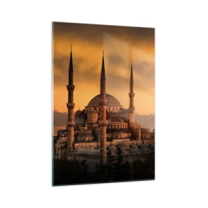 Impression sur verre - Image sur verre - La Mosquée Bleue sur fond de coucher de soleil - 50x70cm - Dieu est grand - Décoration murale moderne pour le salon et la chambre ARTTOR