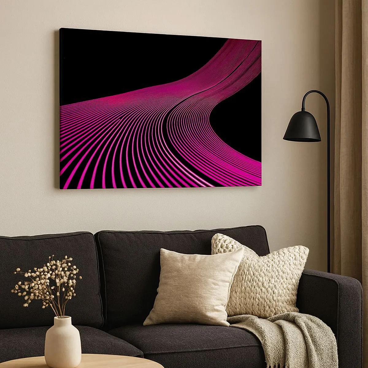 Impression sur toile - Image sur toile - Lignes futuristes dans des tons de rose sur fond noir - 70x50cm - Avenue de lumière - Décoration murale moderne pour le salon et la chambre ARTTOR