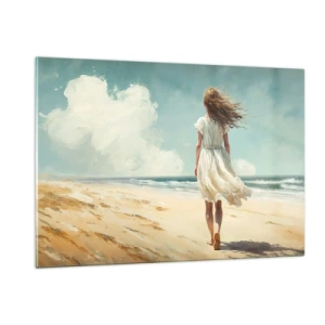 Impression sur verre - Image sur verre - Une femme en robe blanche marchant pieds nus sur une plage ensoleillée - 120x80cm - Pour rencontrer le soleil et le vent - Décoration murale moderne pour le salon et la chambre ARTTOR