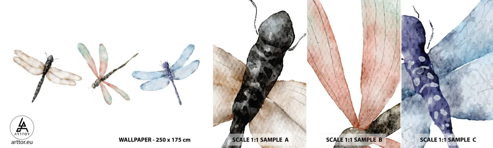 Échantillon De Papier Peint Standard Eco - Libellules en apesanteur - Insectes, Minimaliste, Lourd - 100x30 cm