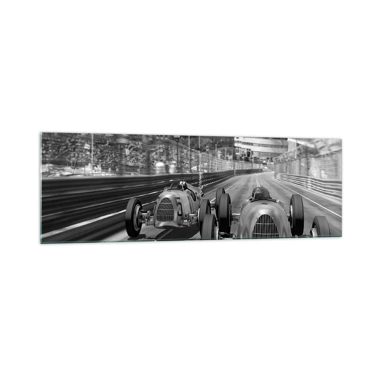 Impression sur verre - Image sur verre - Scène de course automobile rétro monochrome - 160x50cm - Il y a longtemps à Monté Carlo - Décoration murale moderne pour le salon et la chambre ARTTOR