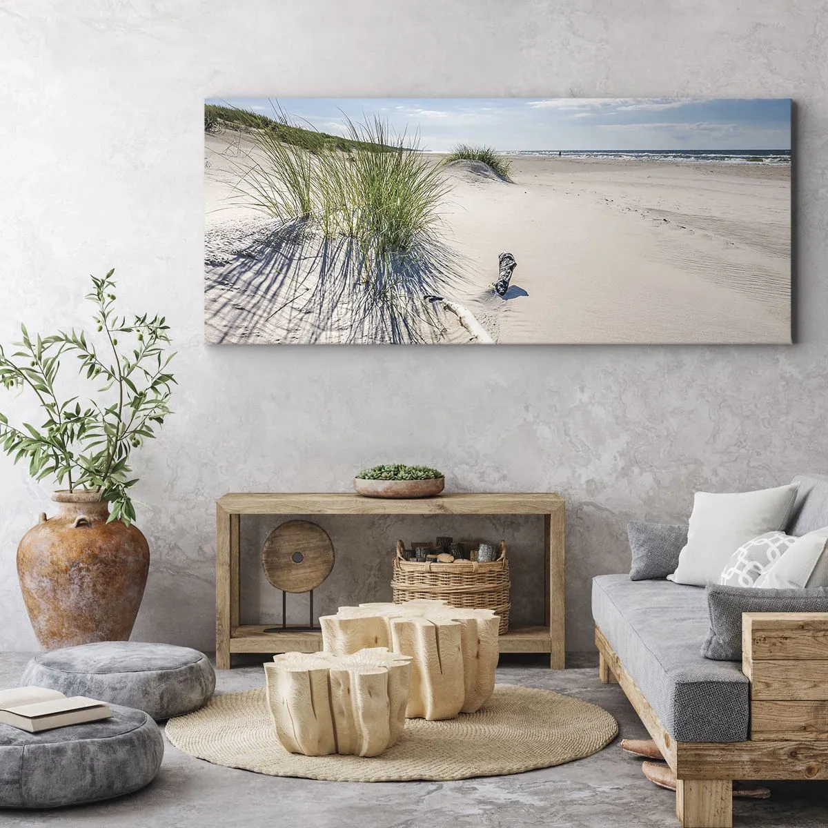 Impression sur toile - Image sur toile - Une plage baltique avec du sable, de l'herbe et un ciel bleu calme - 140x50cm - La plus belle? La Baltique - Décoration murale moderne pour le salon et la chambre ARTTOR