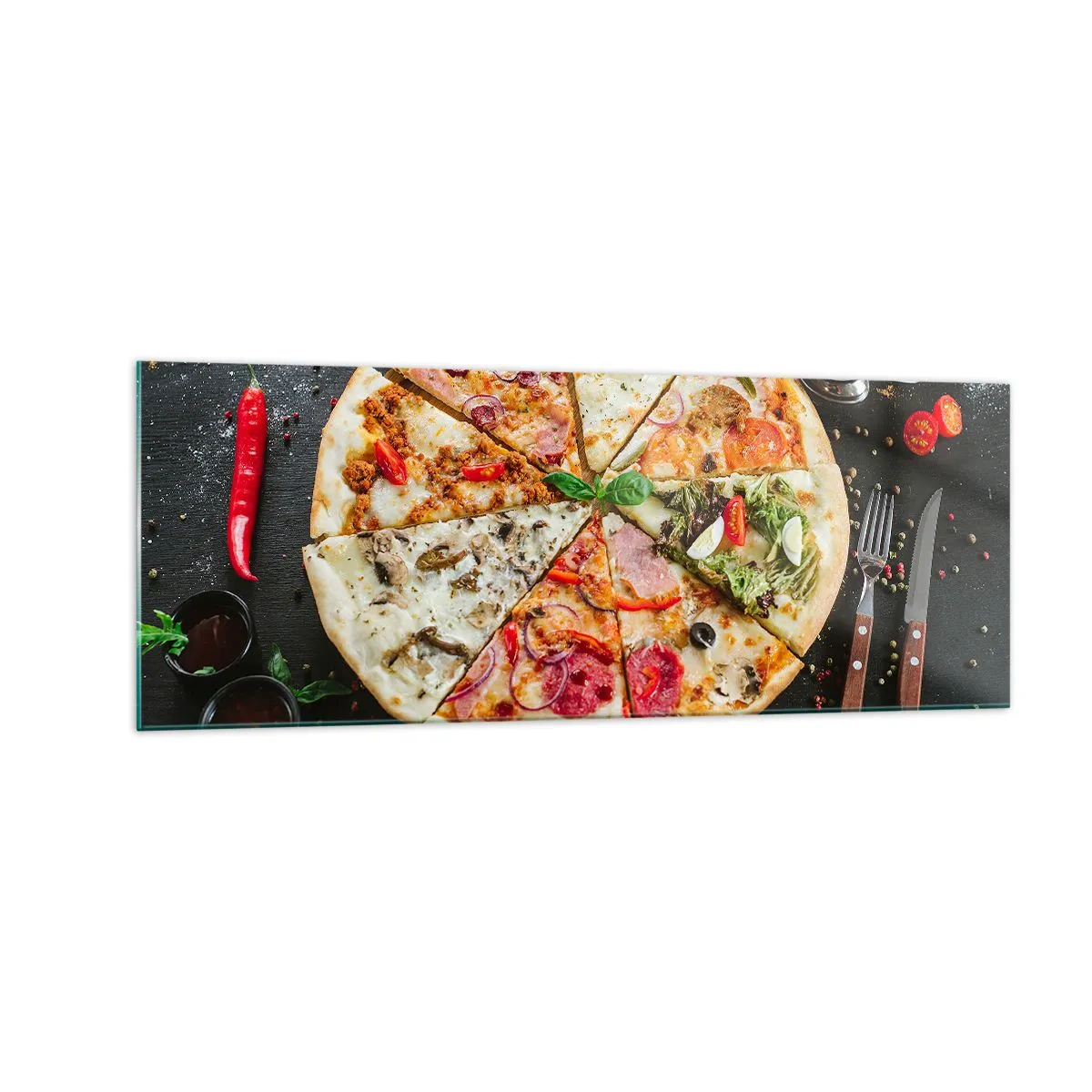 Impression sur verre - Image sur verre - Pizza aux saveurs variées avec un fond de garnitures - 140x50cm - Une gamme de saveurs - Décoration murale moderne pour le salon et la chambre ARTTOR