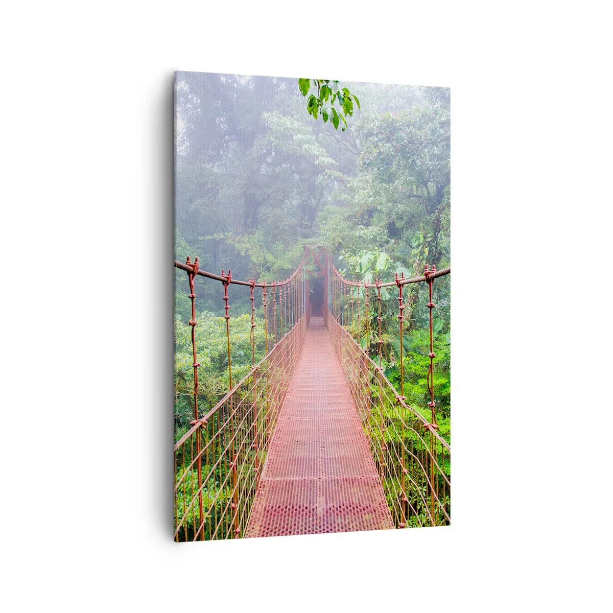 Impression sur toile - Image sur toile - Un pont suspendu dans une jungle tropicale entourée de brouillard - 80x120cm - Suspendu sur les couronnes - Décoration murale moderne pour le salon et la chambre ARTTOR
