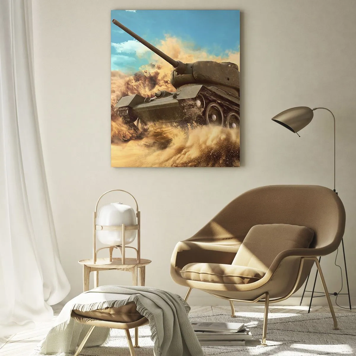 Impression sur verre - Image sur verre - Un char en mouvement dans un désert avec de la poussière qui vole et un ciel lumineux - 50x70cm - Insurmontable - Décoration murale moderne pour le salon et la chambre ARTTOR