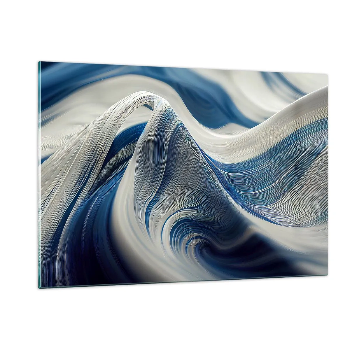 Impression sur verre - Image sur verre - Abstraction dynamique dans les tons de bleu et de blanc - 120x80cm - La fluidité du bleu et du blanc - Décoration murale moderne pour le salon et la chambre ARTTOR
