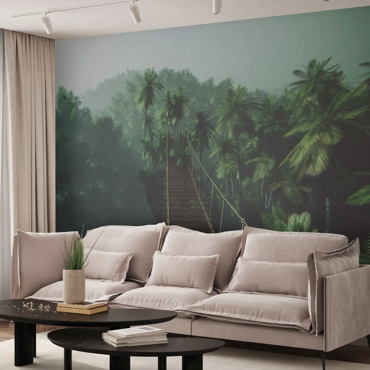 Papier Peint Photo Premium Sand - Un pont suspendu dans une jungle tropicale entourée de brouillard. - 100x70cm - Au fil de la verdure - Décoration murale moderne pour le salon et la chambre ARTTOR