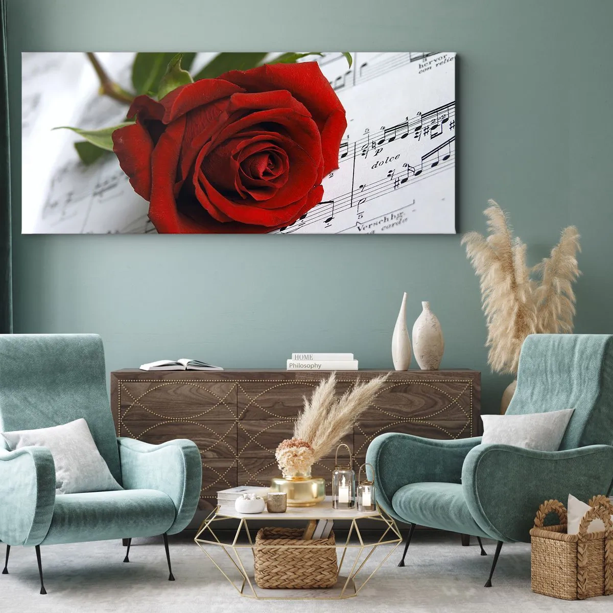 Impression sur toile - Image sur toile - Une rose rouge sur fond de notes de musique sur papier blanc. - 120x50cm - Musique des sentiments en écarlate - Décoration murale moderne pour le salon et la chambre ARTTOR