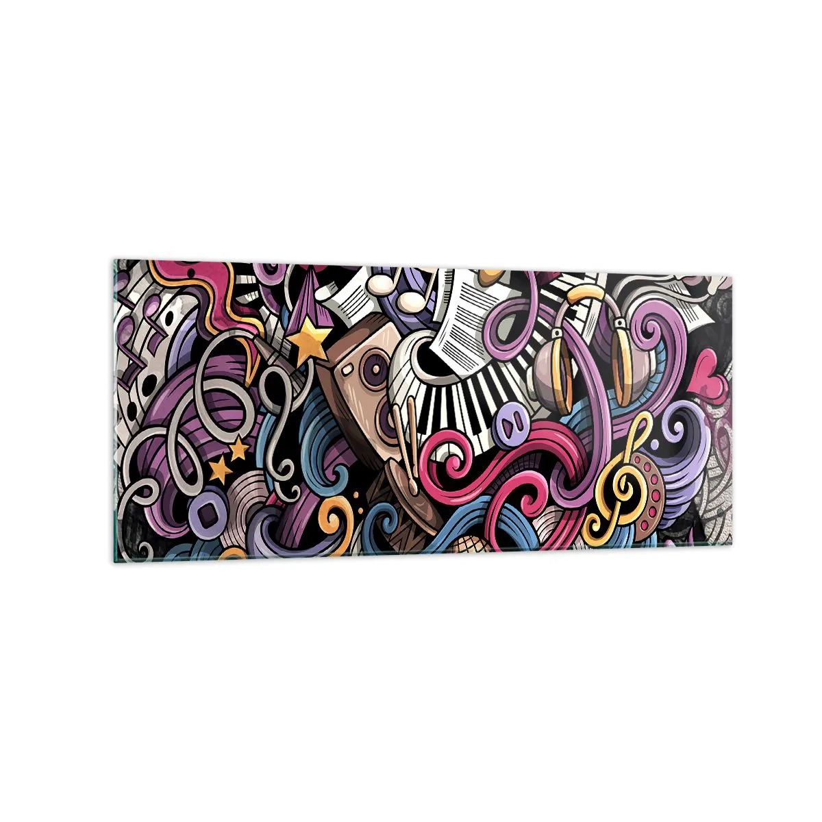 Impression sur verre - Image sur verre - Une abstraction musicale pleine d'instruments et de notes colorées. - 120x50cm - Mélodie compliquée - Décoration murale moderne pour le salon et la chambre ARTTOR