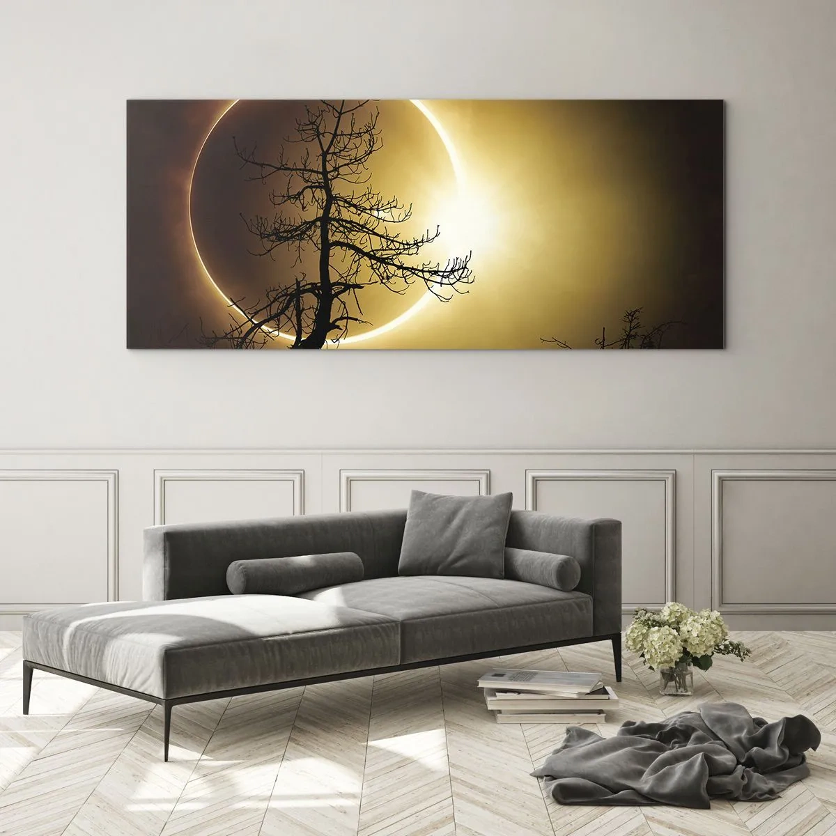 Impression sur verre - Image sur verre - Éclipse solaire avec une silhouette d'arbre au premier plan - 140x50cm - Éclipse totale - Décoration murale moderne pour le salon et la chambre ARTTOR