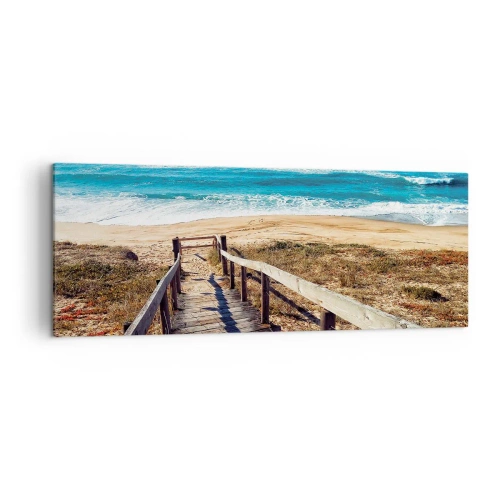 Impression sur toile - Image sur toile - Chemin en bois menant à la plage - 140x50cm - Cours! - Décoration murale moderne pour le salon et la chambre ARTTOR