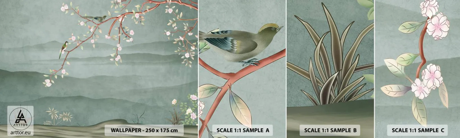 Échantillon de Papier Peint Autocollant Deluxe Sticker - Printemps oh c'est toi - Pastel, Des oiseaux, Fleurs - 100x30 cm