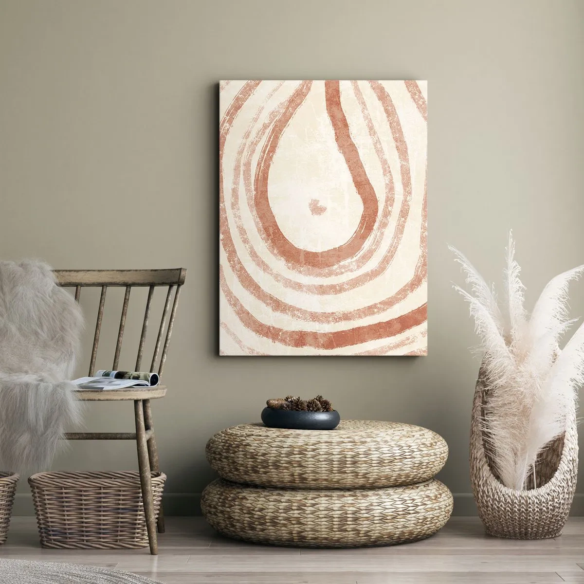 Impression sur toile - Image sur toile - Un motif abstrait de lignes concentriques dans des tons de terre cuite. - 70x100cm - Cercles de corail – composition - Décoration murale moderne pour le salon et la chambre ARTTOR