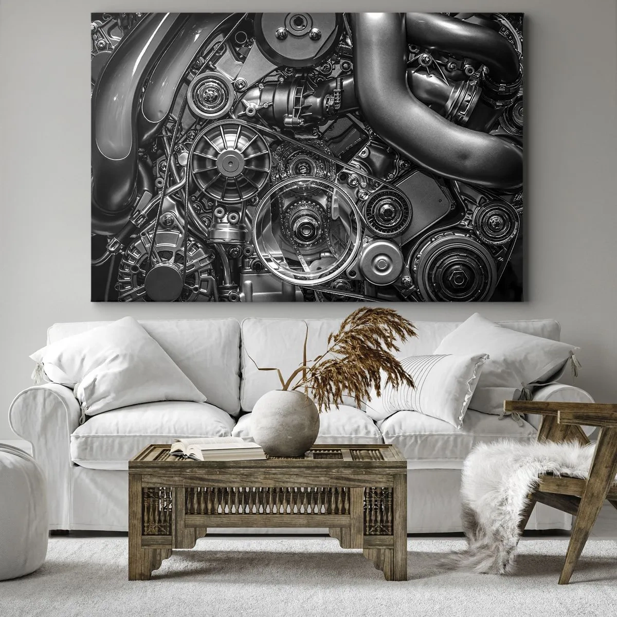 Impression sur toile - Image sur toile - Gros plan noir et blanc des détails mécaniques d'un moteur de voiture. - 100x70cm - Poésie mécanique - Décoration murale moderne pour le salon et la chambre ARTTOR