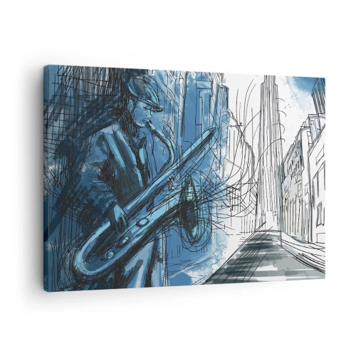 Impression sur toile - Image sur toile - Une silhouette jouant du saxophone sur fond de ville - 70x50cm - Rhapsodie urbaine - Décoration murale moderne pour le salon et la chambre ARTTOR