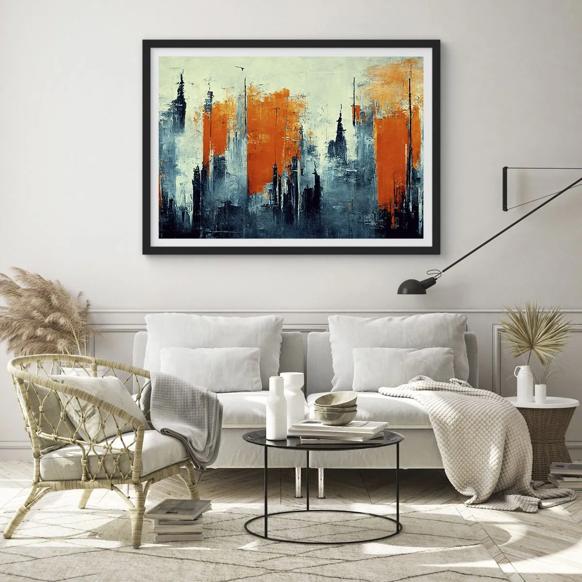 Affiche dans un cadre noir - Poster - Paysage urbain abstrait dans des tons orange et bleu - 100x70cm - Paysage moderne - Décoration murale moderne pour le salon et la chambre ARTTOR