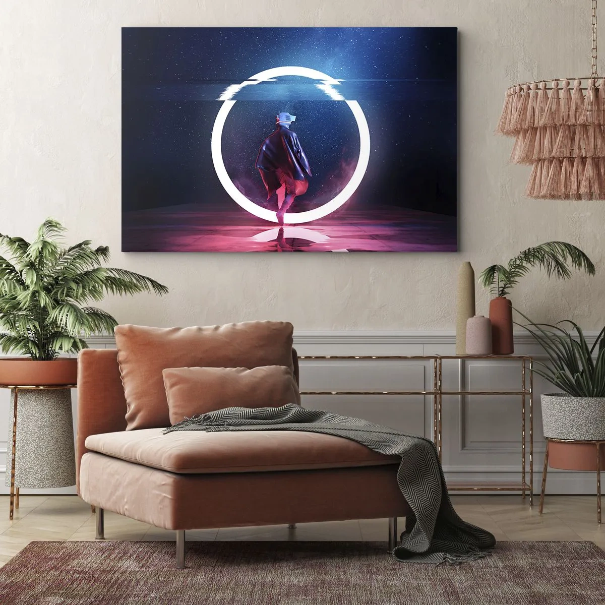 Impression sur toile - Image sur toile - Un personnage dans un environnement futuriste avec un cercle de néon - 120x80cm - Entre deux mondes - Décoration murale moderne pour le salon et la chambre ARTTOR