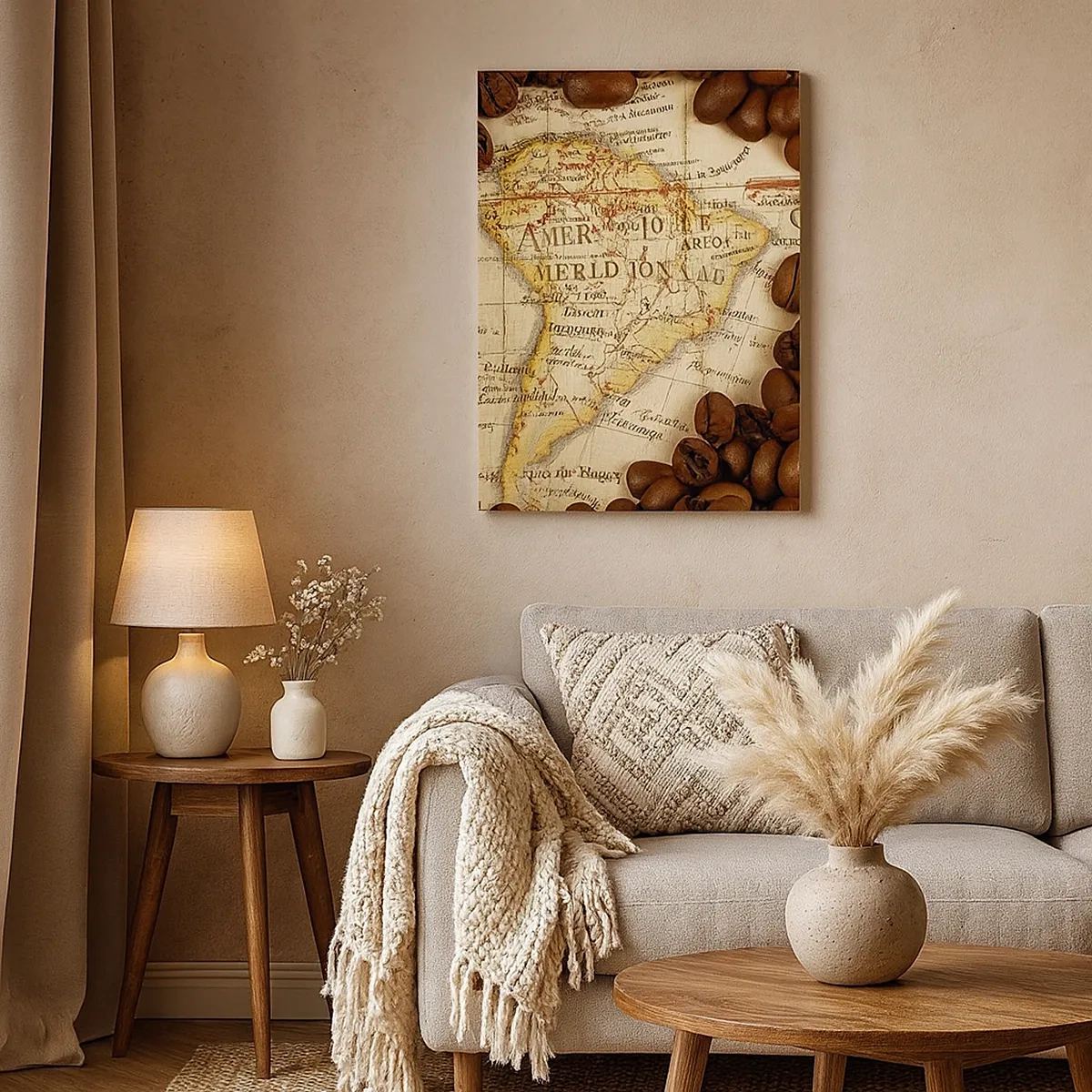 Impression sur toile - Image sur toile - Une carte de l'Amérique du Sud entourée de grains de café. - 50x70cm - D'où vient le meilleur café ? - Décoration murale moderne pour le salon et la chambre ARTTOR