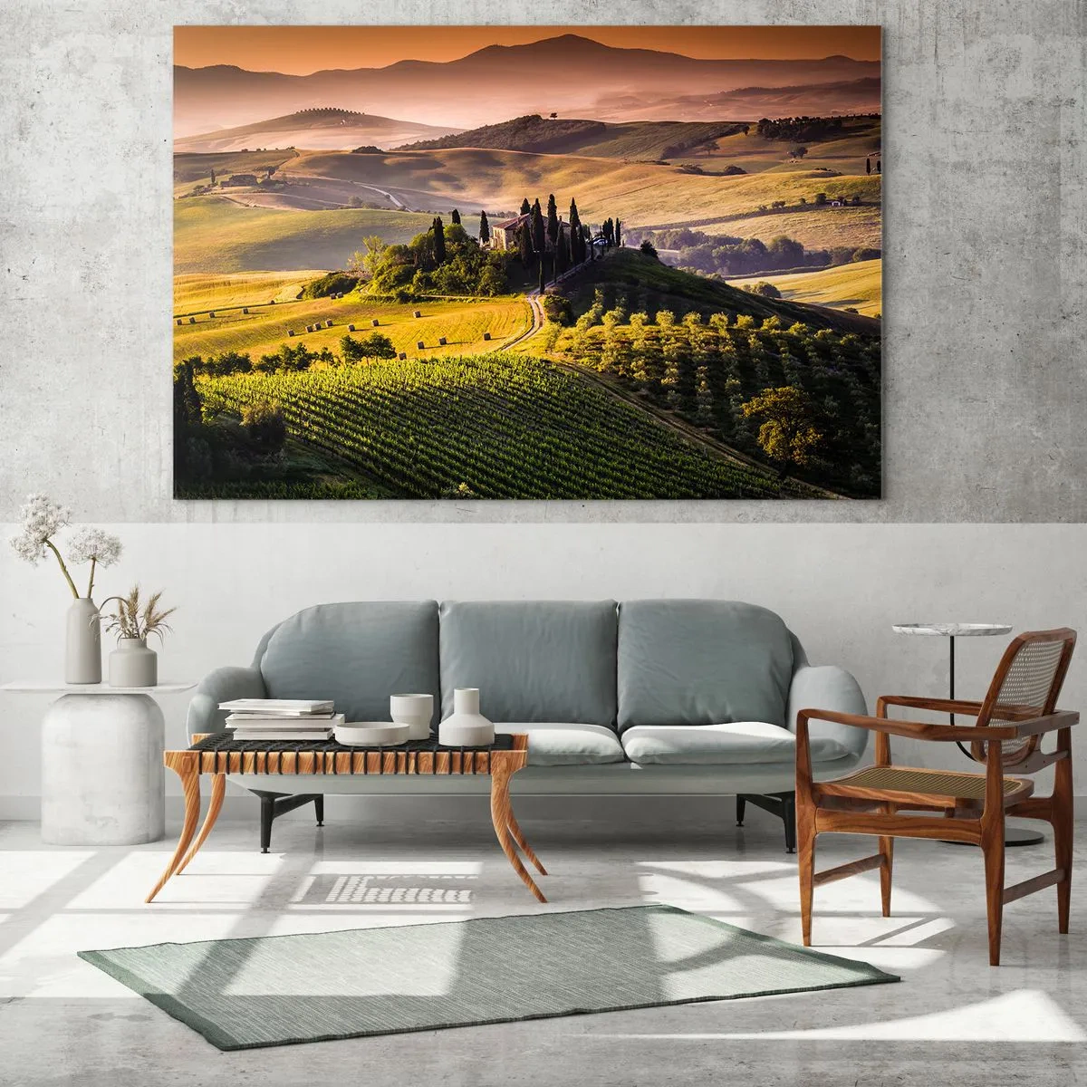 Impression sur verre - Image sur verre - Paysage toscan au lever du soleil - 120x80cm - Arcadie - le paysage toscan - Décoration murale moderne pour le salon et la chambre ARTTOR