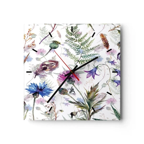 Horloge murale - Pendule murale - Fleurs et herbes à l'aquarelle sur fond blanc dans le style herbier - 30x30cm - Herbier polonais - Décoration murale moderne pour le salon et la chambre ARTTOR