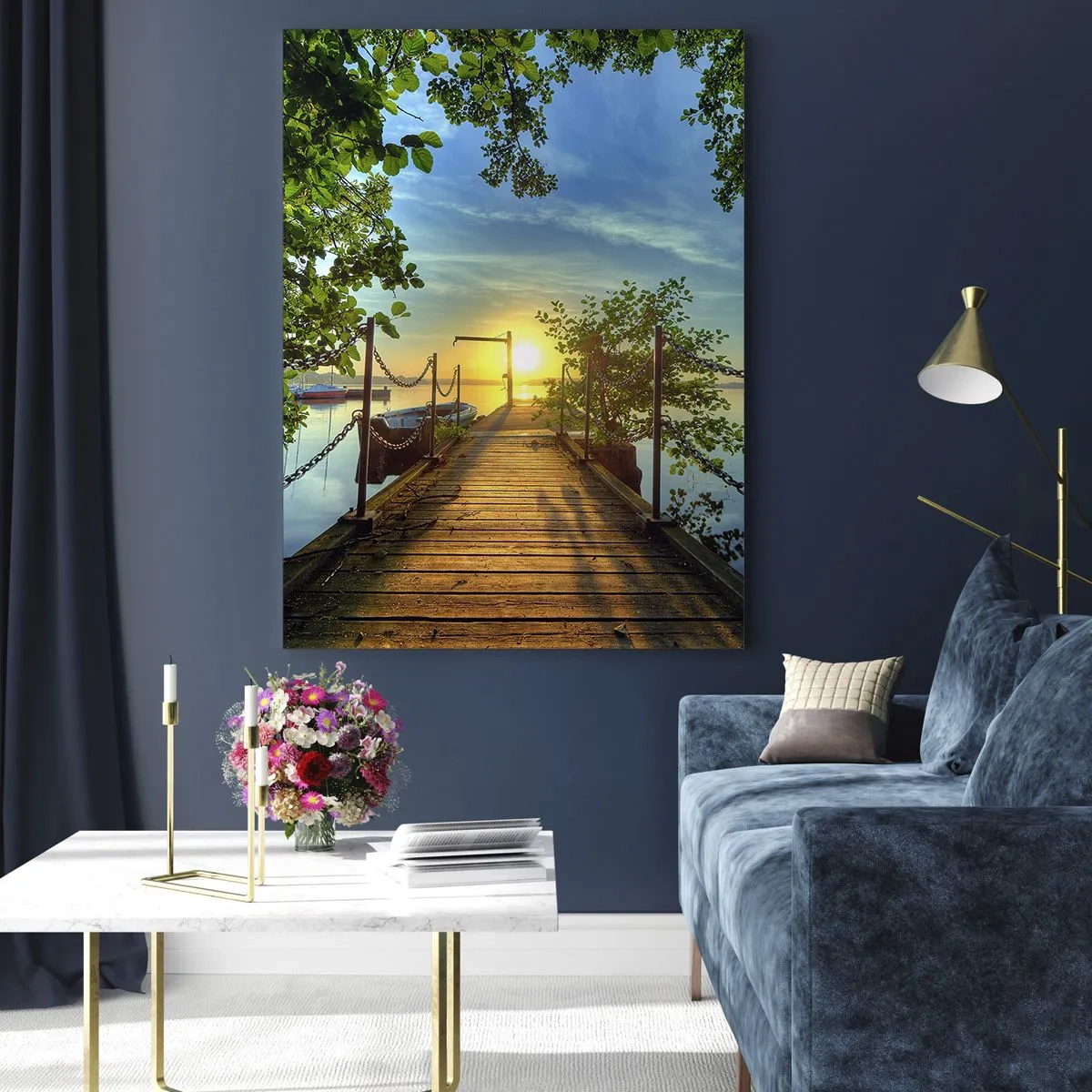 Impression sur verre - Image sur verre - Une jetée sur le lac dans les rayons du soleil couchant - 80x120cm - L'ouest au-dessus de l'eau - Décoration murale moderne pour le salon et la chambre ARTTOR