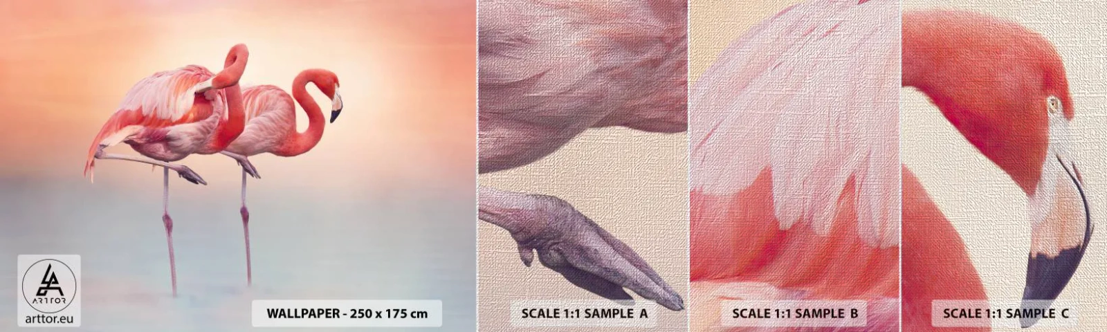 Échantillon de Papier Peint Premium Canvas - Dans les couleurs du soleil couchant - Flamants roses, Des oiseaux, Nature - 100x30 cm