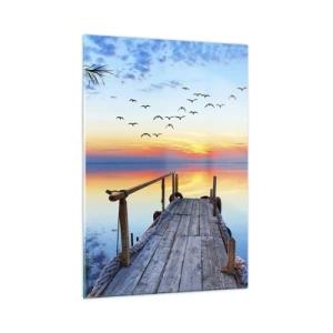 Impression sur verre - Image sur verre - Une jetée en bois au-dessus d'un lac au coucher du soleil avec une volée d'oiseaux volant au-dessus - 50x70cm - Il est temps de rentrer... - Décoration murale moderne pour le salon et la chambre ARTTOR