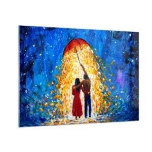 Impression sur verre - Image sur verre - Un couple sous un parapluie entouré d'une lumière dorée contre le ciel nocturne - 70x50cm - La magie d'une soirée pluvieuse ? - Décoration murale moderne pour le salon et la chambre ARTTOR