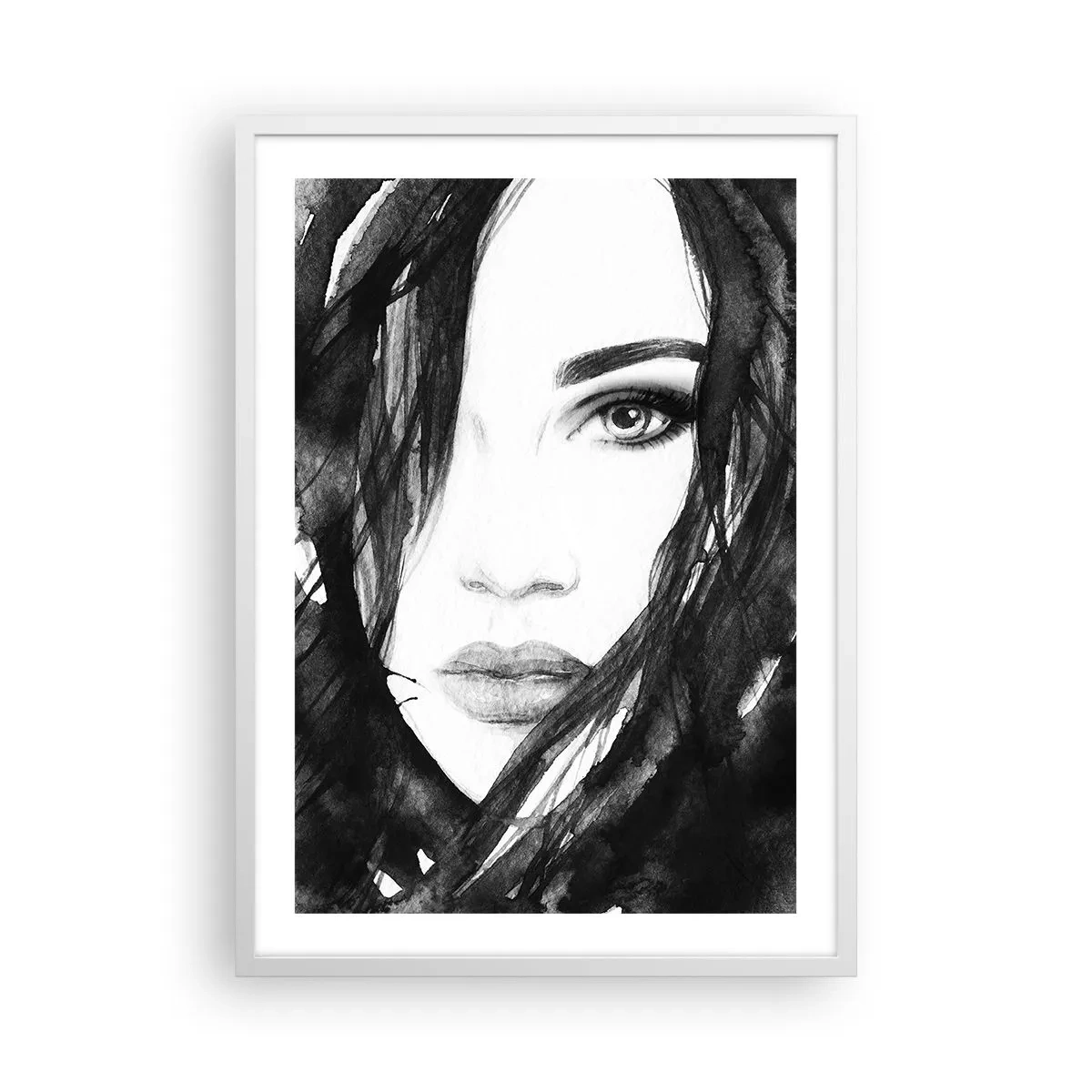 Affiche dans un cadre blanc - Poster - Portrait d'une dame en noir et blanc - 50x70 cm